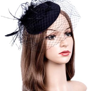 Cizoe Fascinators Hats 20s 50s Hat Pillbox Hat Cocktail Tea Party Headwear with Veil for Girls and Women(1-B1-black)