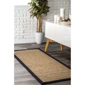 nuloom 2x12 elijah seagrass area rug, black, solid farmhouse style, cotton bordered, basketweave, natural fiber, for bedroom, dining room, living room, hallway, office, kitchen, entryway