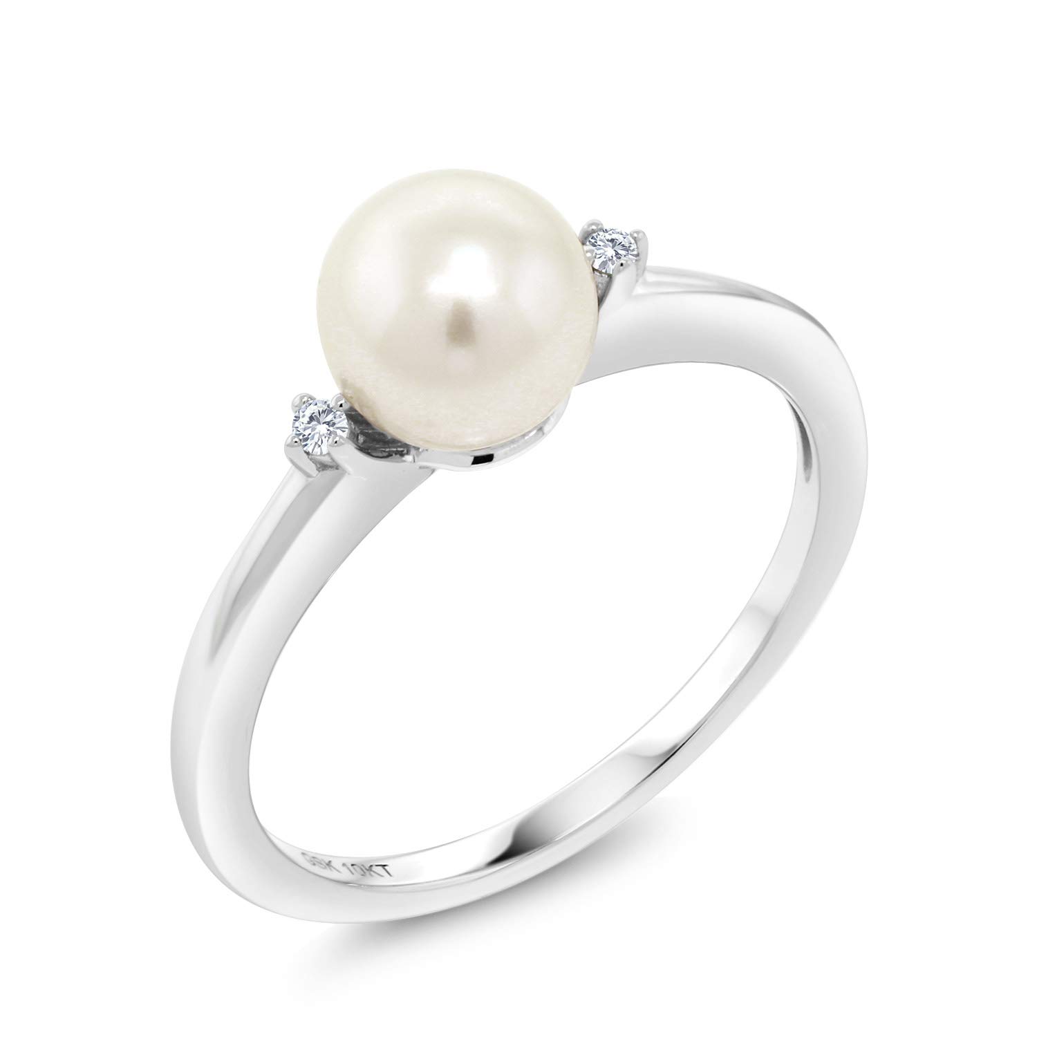 Gem Stone King 10K White Gold 7MM Cultured Freshwater Pearl and White Diamond Engagement Ring | Gold Ring For Women | Available In Size 5, 6, 7, 8, 9