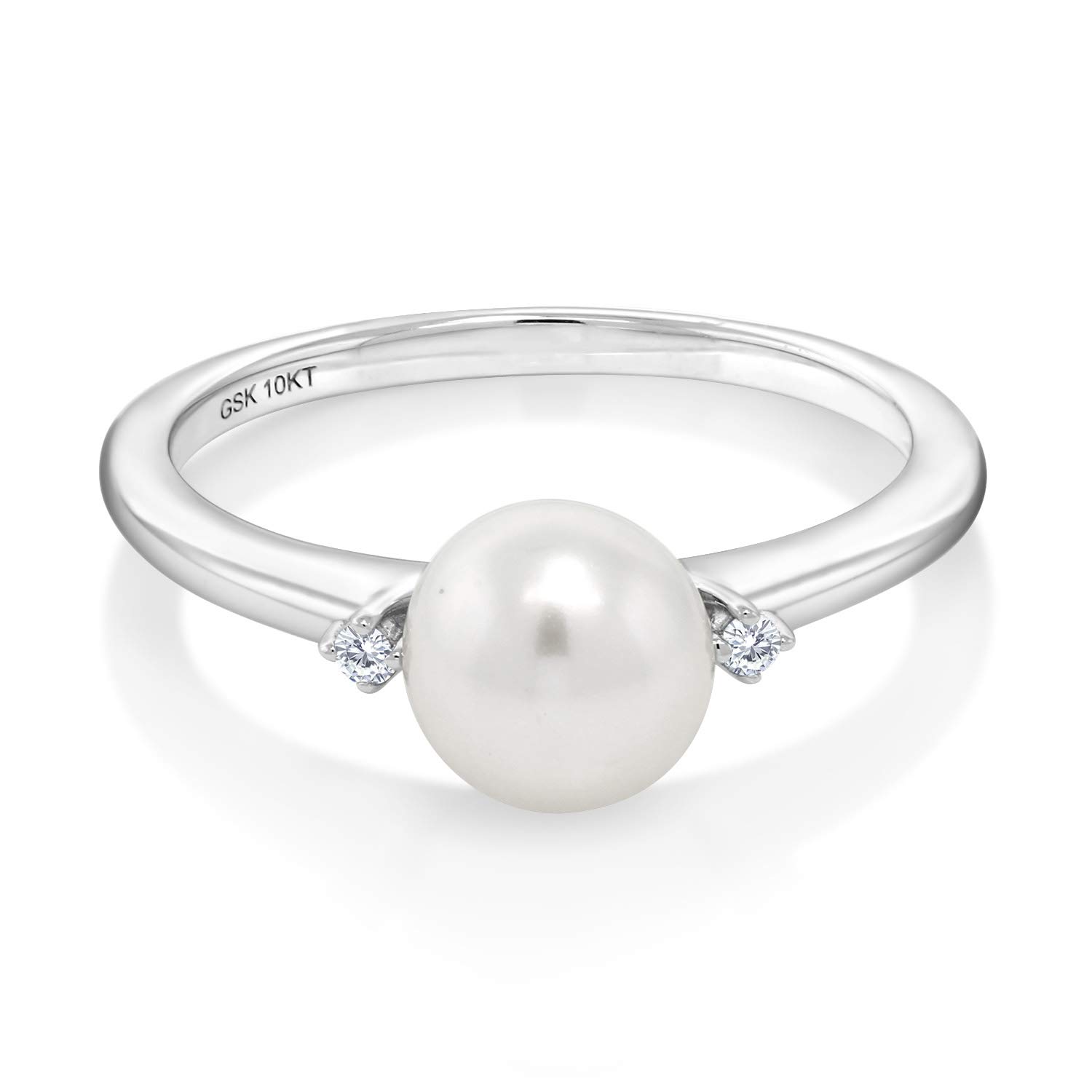 Gem Stone King 10K White Gold 7MM Cultured Freshwater Pearl and White Diamond Engagement Ring | Gold Ring For Women | Available In Size 5, 6, 7, 8, 9