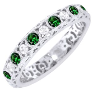 AFFY Round Cut Simulated Green Emerald & Cubic Zirconia Eternity Band Ring in 14k White Gold Over Sterling Silver Ring Size: 8