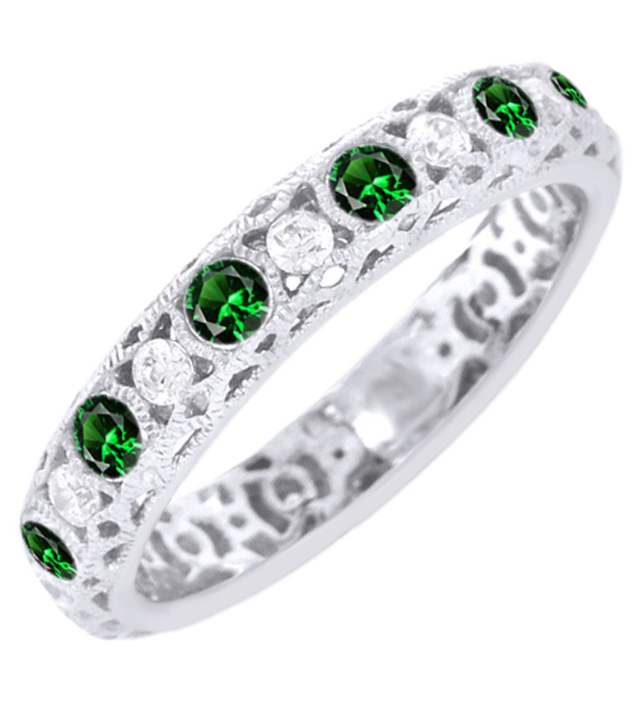 AFFY Round Cut Simulated Green Emerald & Cubic Zirconia Eternity Band Ring in 14k White Gold Over Sterling Silver Ring Size: 8