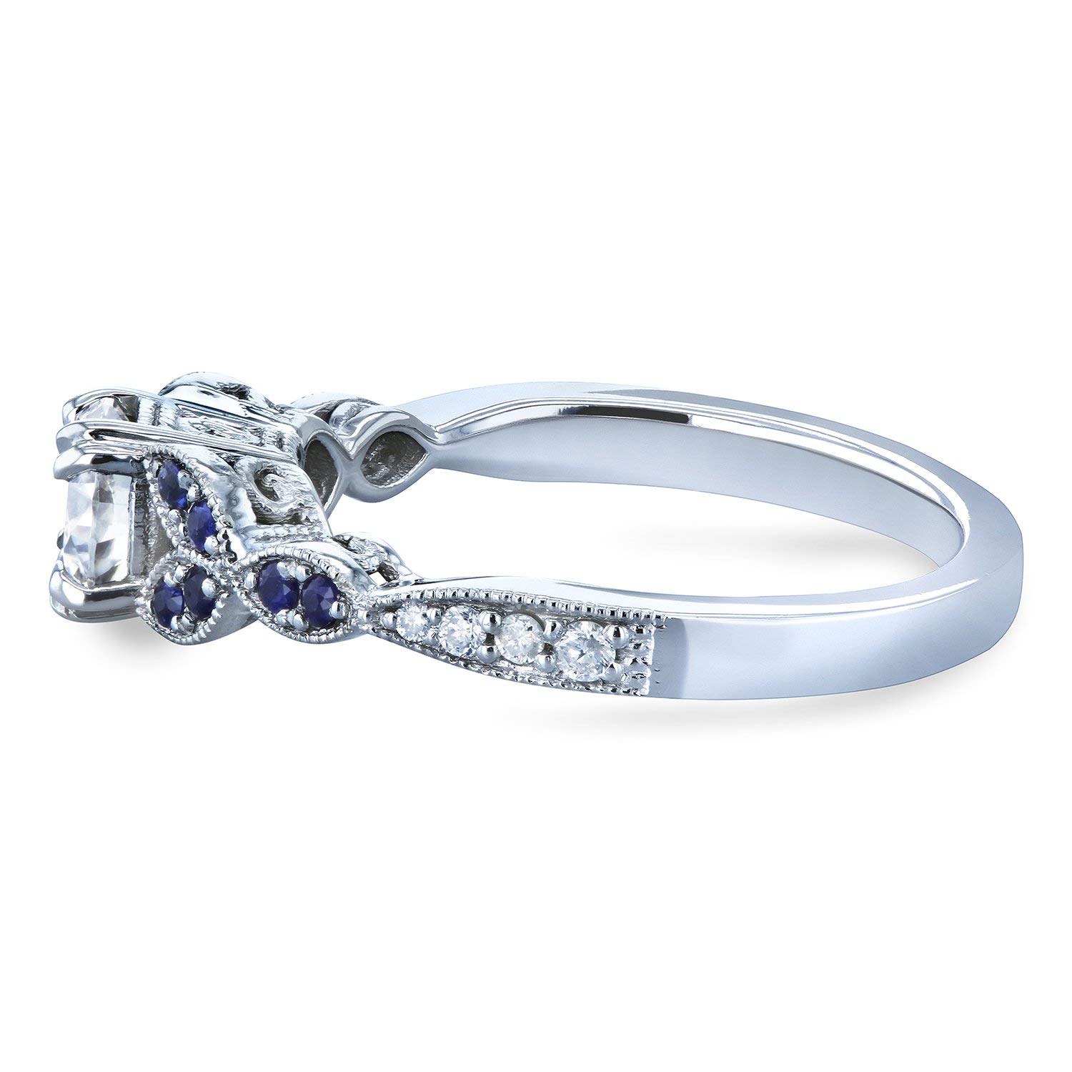 Kobelli Round Moissanite with Blue Sapphire Accents Leafy Engagement Ring 5/8 CTW 14k White Gold (GH/VS, GH/I), 5