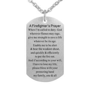 Firefighter Prayer Fire Rescue Brushed Steel Dog Tag Pendant Necklace Gift Jewelry