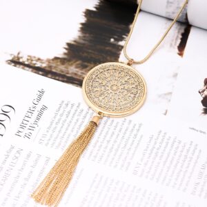 MOLOCH Long Necklaces for Woman Disk Circle Pendant Necklaces Tassel Fringe Necklace Set Statement Pendant (Gold)