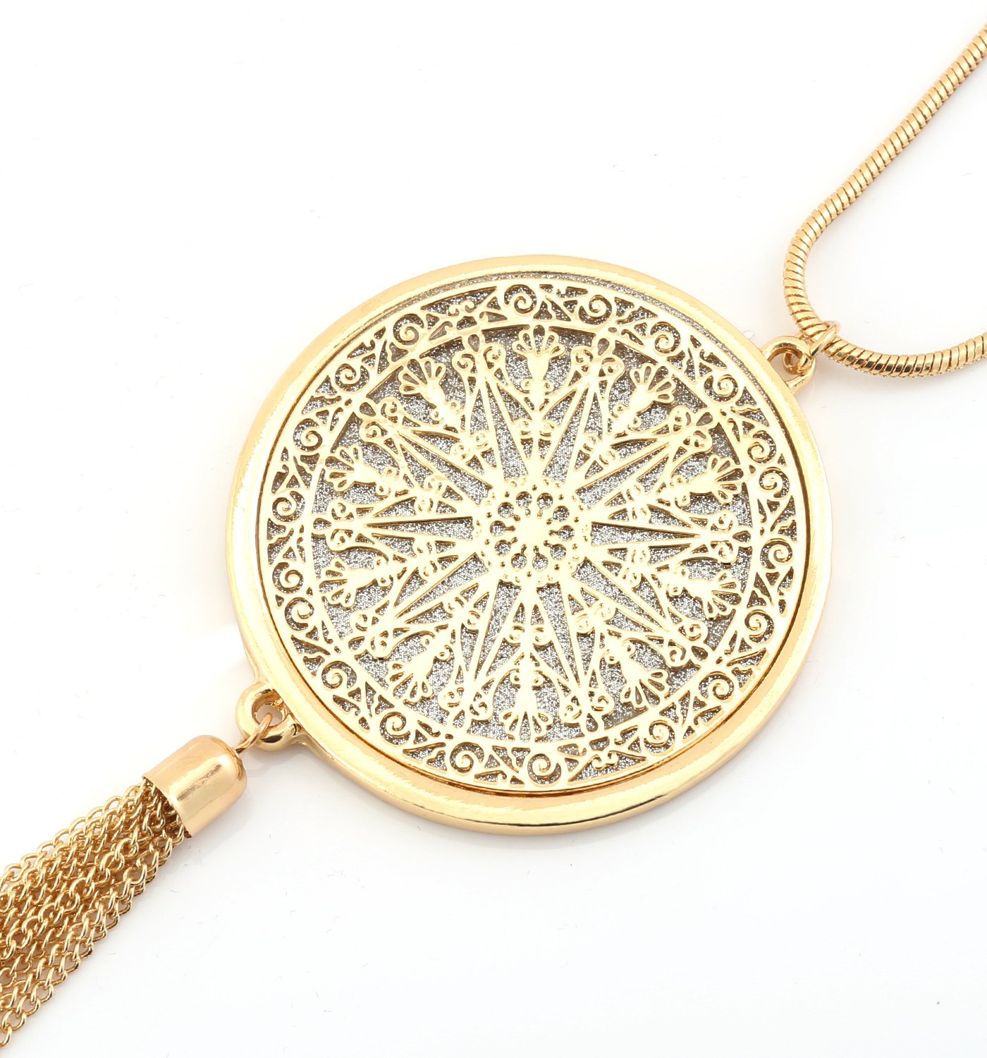 MOLOCH Long Necklaces for Woman Disk Circle Pendant Necklaces Tassel Fringe Necklace Set Statement Pendant (Gold)