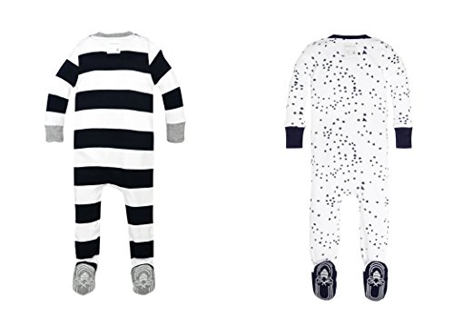 Burt's Bees Baby Baby Boys' 2 Pack Non-Slip Footed Sleeper Pajamas, Midnight Rugby Stripe/Midnight Twinkle Bee, 18 Months