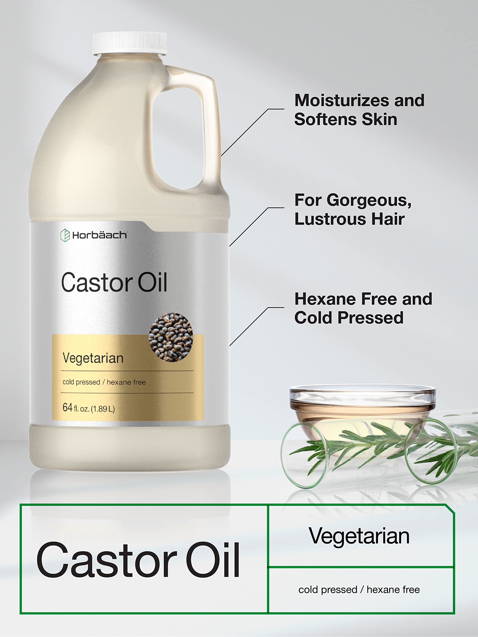 Horbäach Castor Oil 64oz | for Hair, Eyelashes & Eyebrows | Hexane Free & Cold Pressed | Vegetarian, Non-GMO