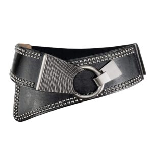 women's fashion vintage wide waist belt elastic stretch cinch belts with interlock buckle, black, one size