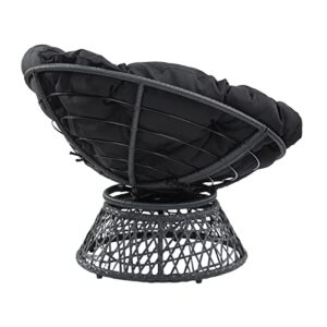 OSP Home Furnishings Wicker Papasan Chair with 360-Degree Swivel, Grey Frame with Black Cushion