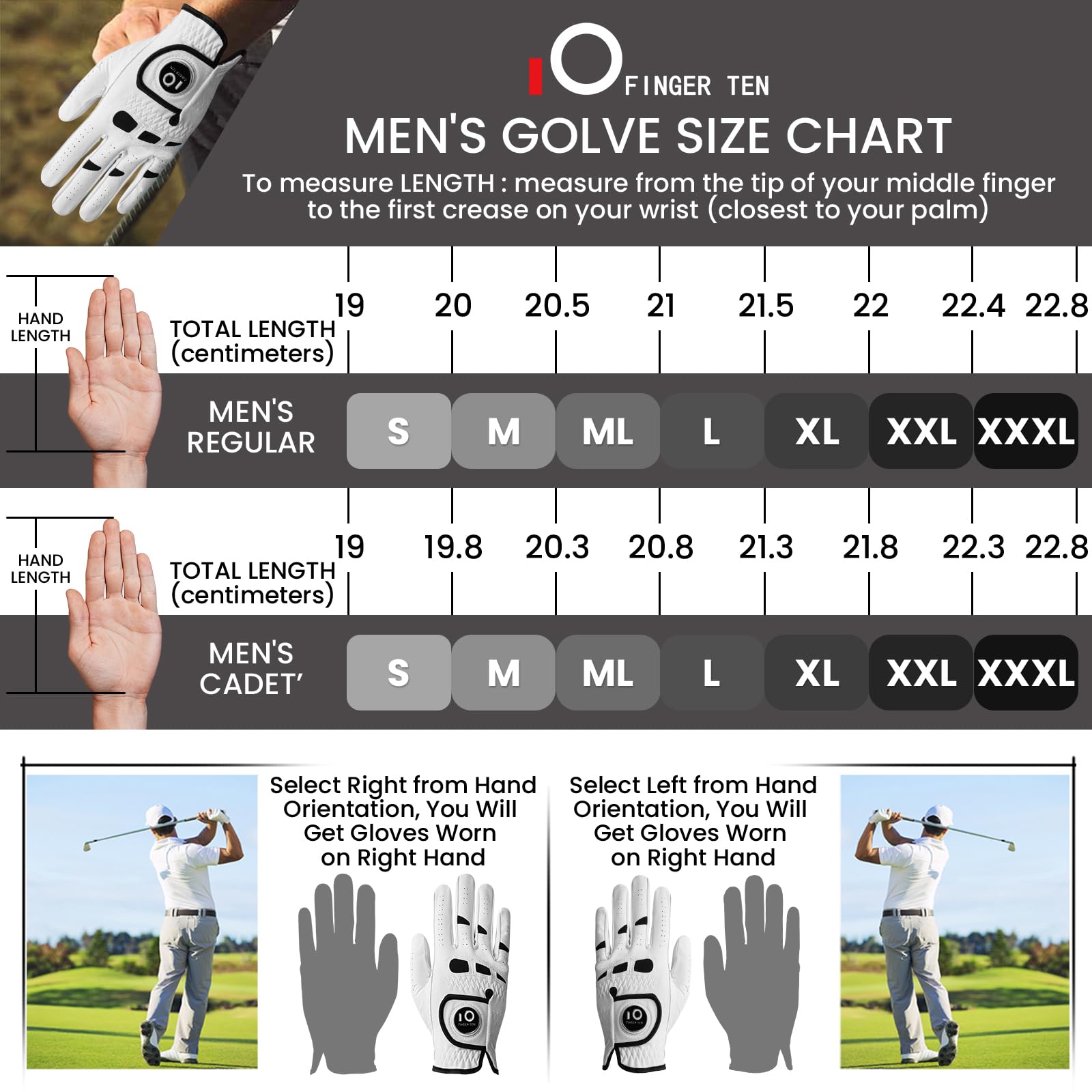 FINGER TEN Men’s Golf Glove Left Hand Right with Ball Marker Value 2 Pack, Weathersof Grip Soft Comfortable, Fit Size Small Medium ML Large XL (X-Large, Worn on Right Hand)