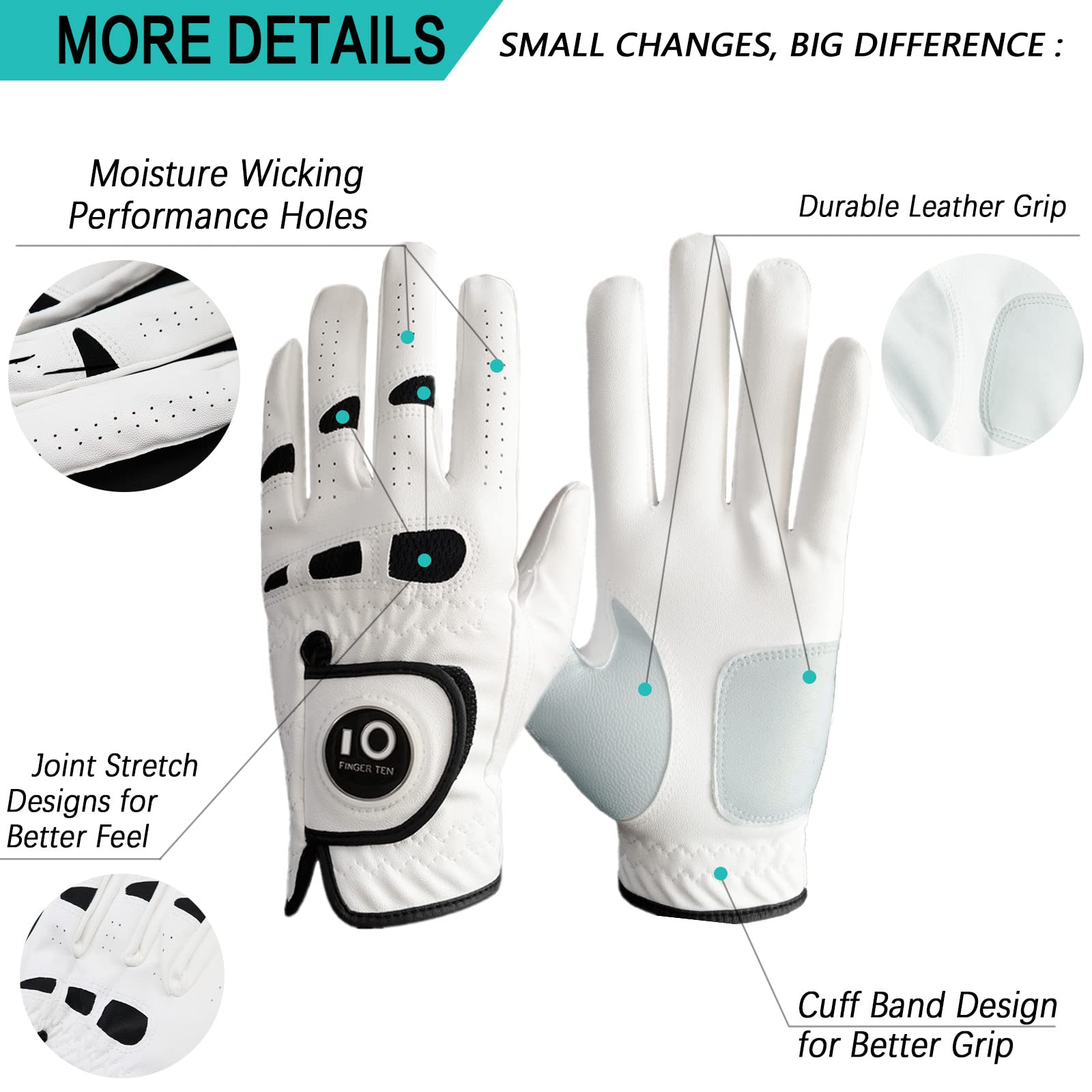 FINGER TEN Men’s Golf Glove Left Hand Right with Ball Marker Value 2 Pack, Weathersof Grip Soft Comfortable, Fit Size Small Medium ML Large XL (X-Large, Worn on Right Hand)