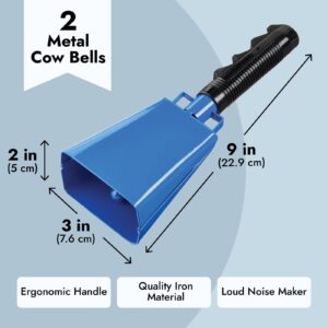 2 Pack 9-inch Cowbells for Sporting Events, Percussion Noise Makers with Handle for Football Games, Stadiums (Blue)