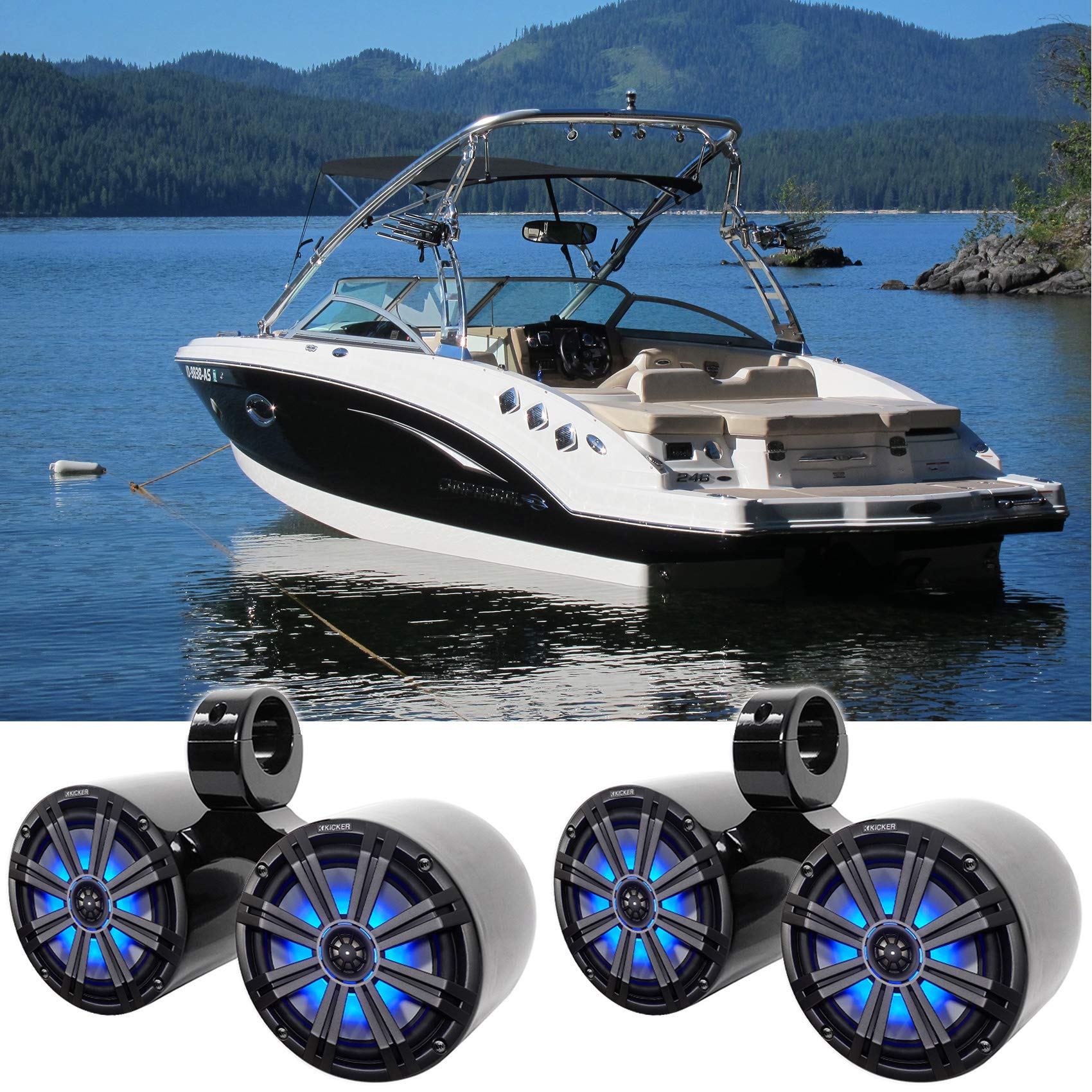 KICKER Pair 45KM84L 8" 600 Watt Marine Boat Waterproof Speakers w/LED's KM8 Bundle with Rockville DMAC80B Dual 7.7" Black Aluminum Wakeboard Tower Speaker Enclosure