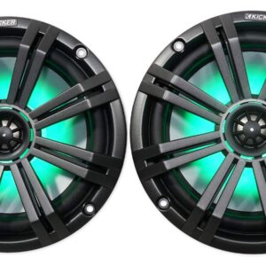 KICKER Pair 45KM84L 8" 600 Watt Marine Boat Waterproof Speakers w/LED's KM8 Bundle with Rockville DMAC80B Dual 7.7" Black Aluminum Wakeboard Tower Speaker Enclosure