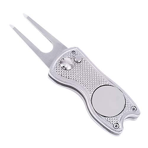 Mile High Life Golf Divot Repair Tool, Foldable Metal Divot Tools with Magnetic Ball Marker and Pop-up Button, Golf Club Holder (Silver Fish)