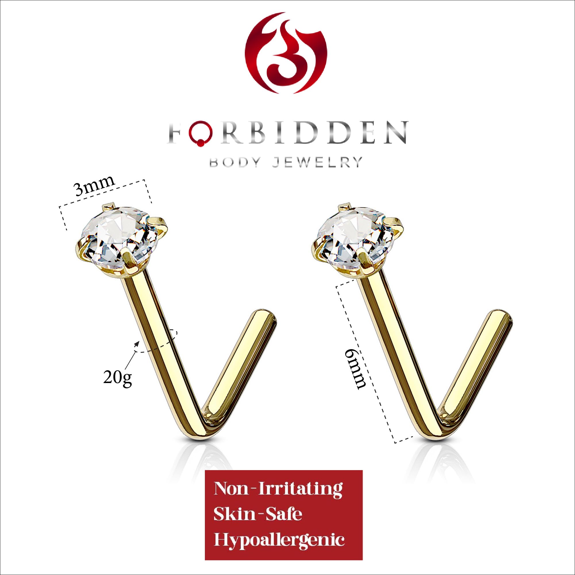 Forbidden Body Jewelry 2 Pack: 20g 6mm Gold IP Plated Surgical Steel L Shaped Nose Ring with 3mm CZ Crystal