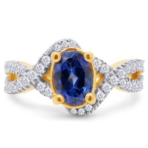 AFFY Oval Shape Simulated Blue Sapphire & White Cubic Zirconia Fahion Ring in 925 Sterling Silver (2.18 cttw) Ring Size-10.5