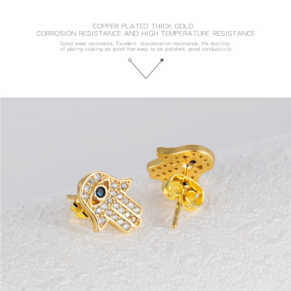 Yellow Gold/White Gold Plated Evil Eye and Hamsa Hand of Fatima White Blue Cubic zircon crystal Stud Earrings For Women Teen Girls (Yellow Gold)