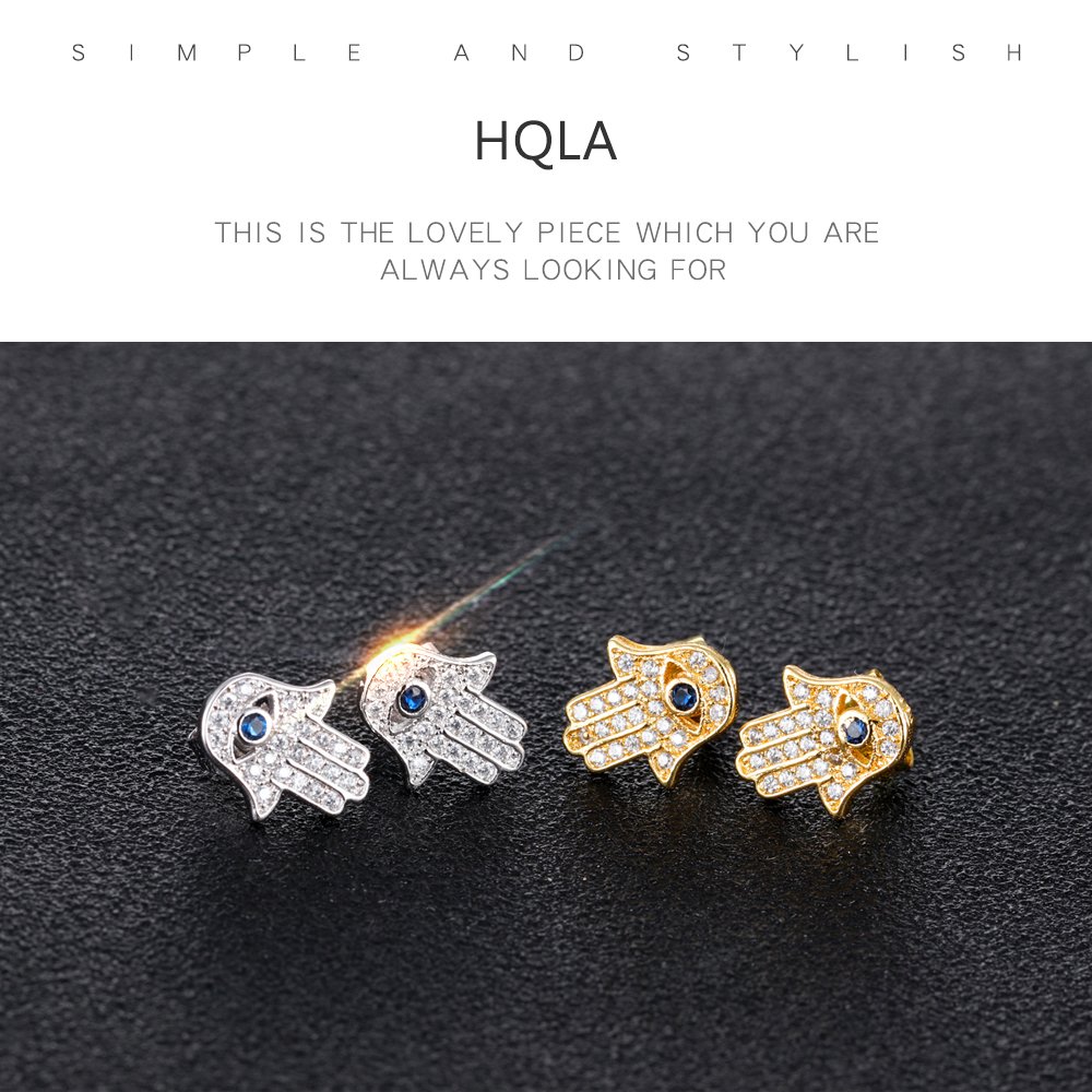 Yellow Gold/White Gold Plated Evil Eye and Hamsa Hand of Fatima White Blue Cubic zircon crystal Stud Earrings For Women Teen Girls (Yellow Gold)