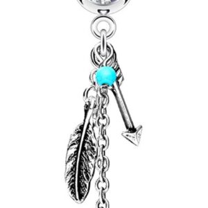 Forbidden Body Jewelry Surgical Steel Clear Crystal Tribal Feather and Arrow Charms Synthetic Turquoise Dangle Belly Ring