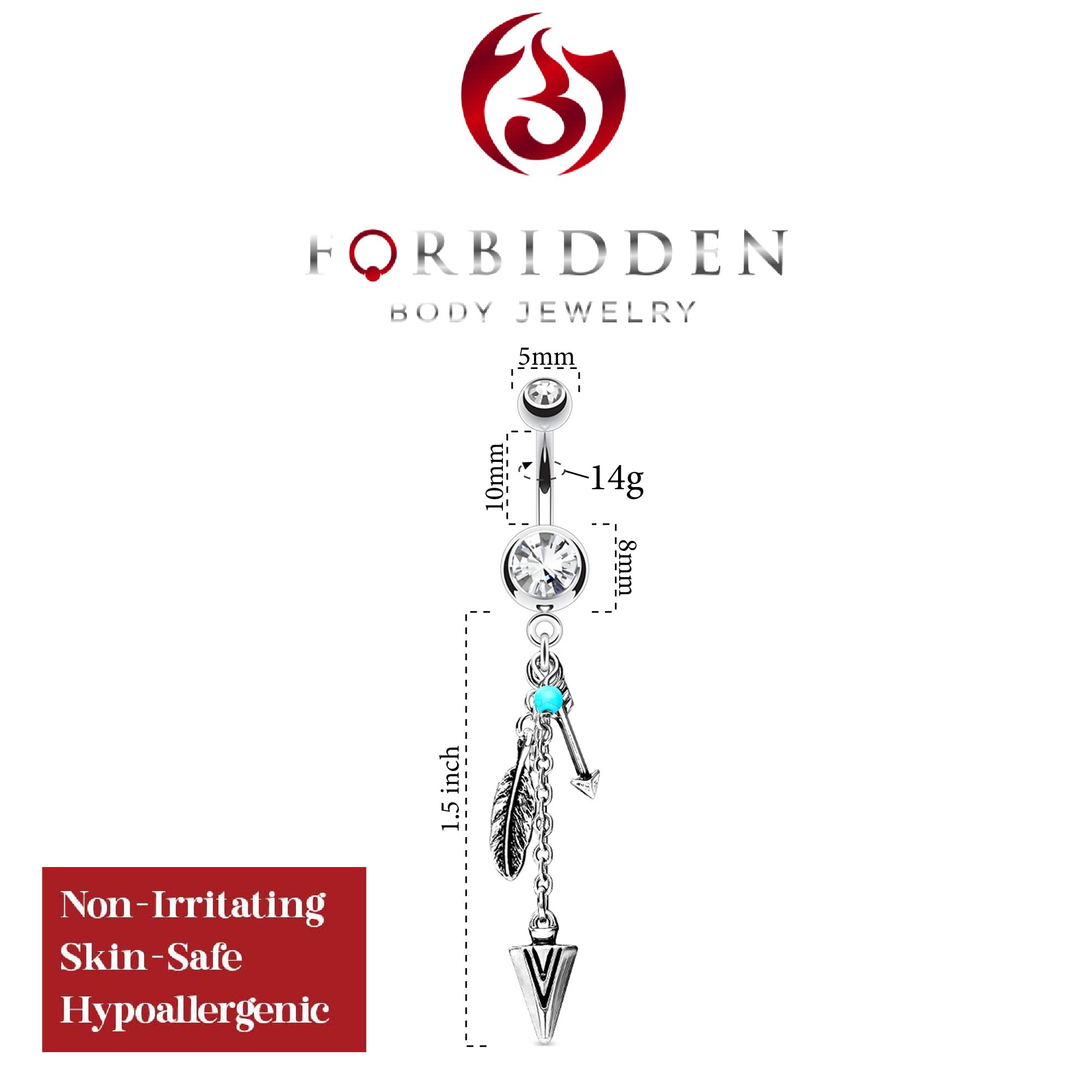 Forbidden Body Jewelry Surgical Steel Clear Crystal Tribal Feather and Arrow Charms Synthetic Turquoise Dangle Belly Ring