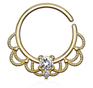 forbidden body jewelry 16g 18k gold plated brass filigree septum and cartilage hoop with clear cz crystal center