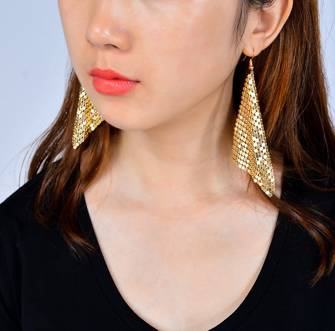 Suyi Trendy Women Earrings Metal Mesh Grid Sequins Tassel Long Drop Dangle Earrings Gold