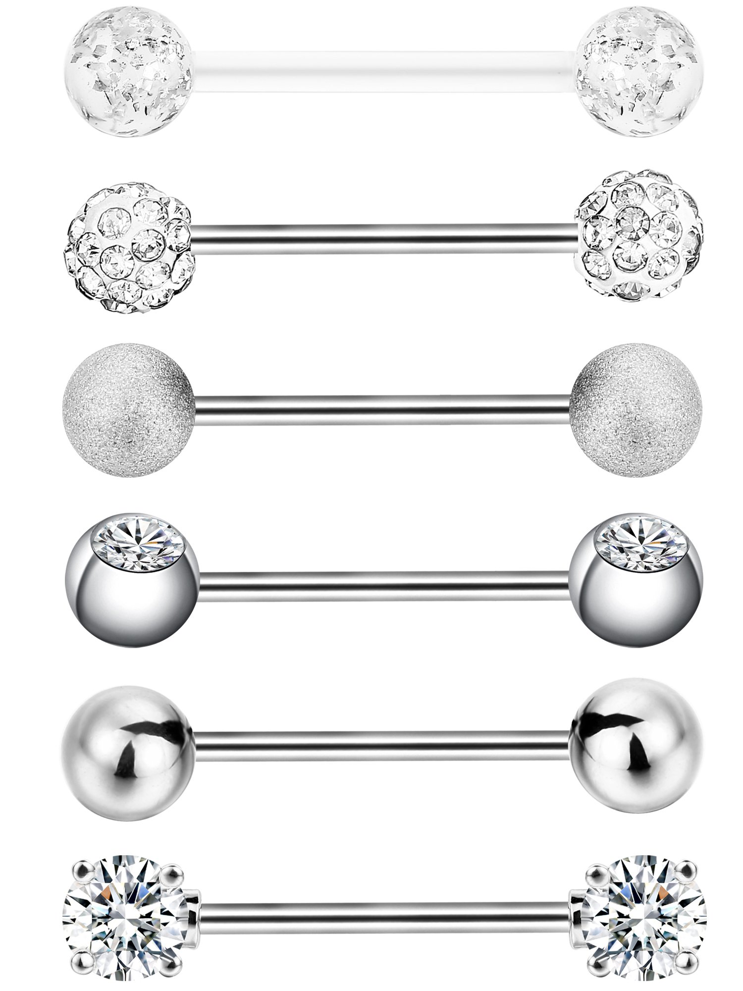 Sumind 6 Pairs Nipple Bars Surgical Stainless Steel Piercing Barbell Ring Tongue Ring Cubic Zirconia Nipple Rings Body Piercing Jewelry, 14 Gauge