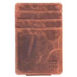 raw hyd men's full-grain leather slim wallet with money clip - rfid blocking, 5 card sleeves, holds 15 bills, compact & durable - hunter brown