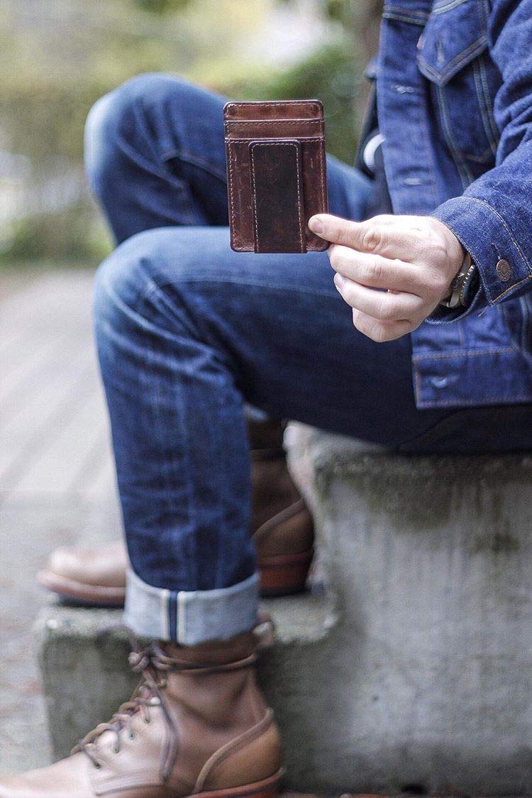 RAW HYD Men's Full-Grain Leather Slim Wallet with Money Clip - RFID Blocking, 5 Card Sleeves, Holds 15 Bills, Compact & Durable - Hunter Brown