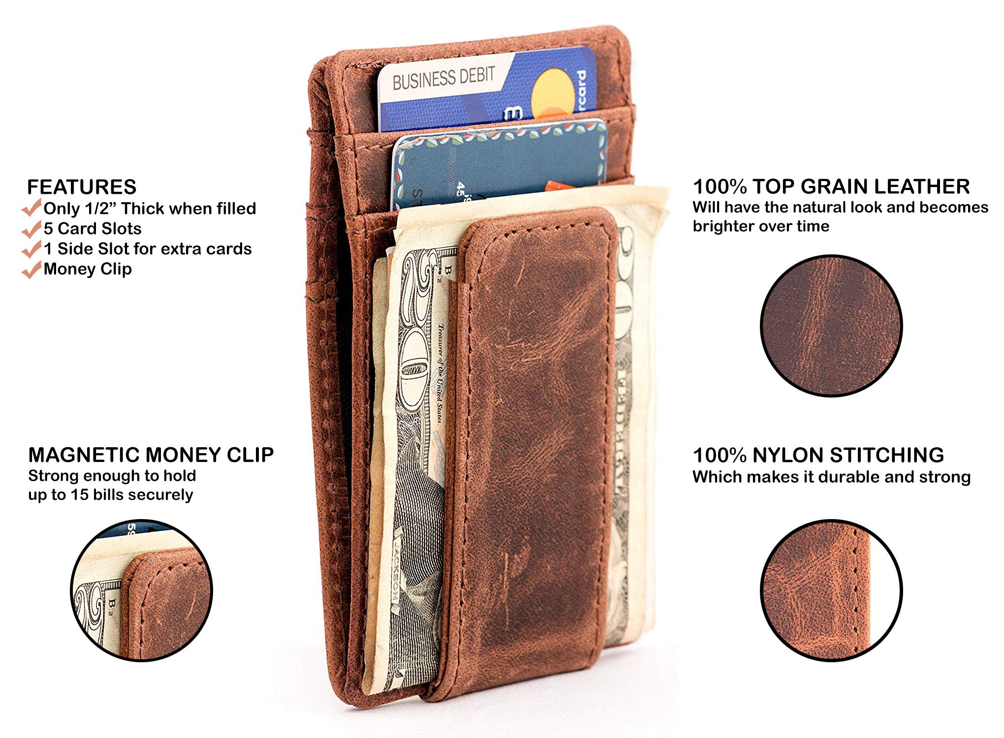 RAW HYD Men's Full-Grain Leather Slim Wallet with Money Clip - RFID Blocking, 5 Card Sleeves, Holds 15 Bills, Compact & Durable - Hunter Brown