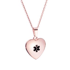 LinnaLove Free Engraving Heart Charm Medical ID Alert Necklaces for Women(Rose Gold)