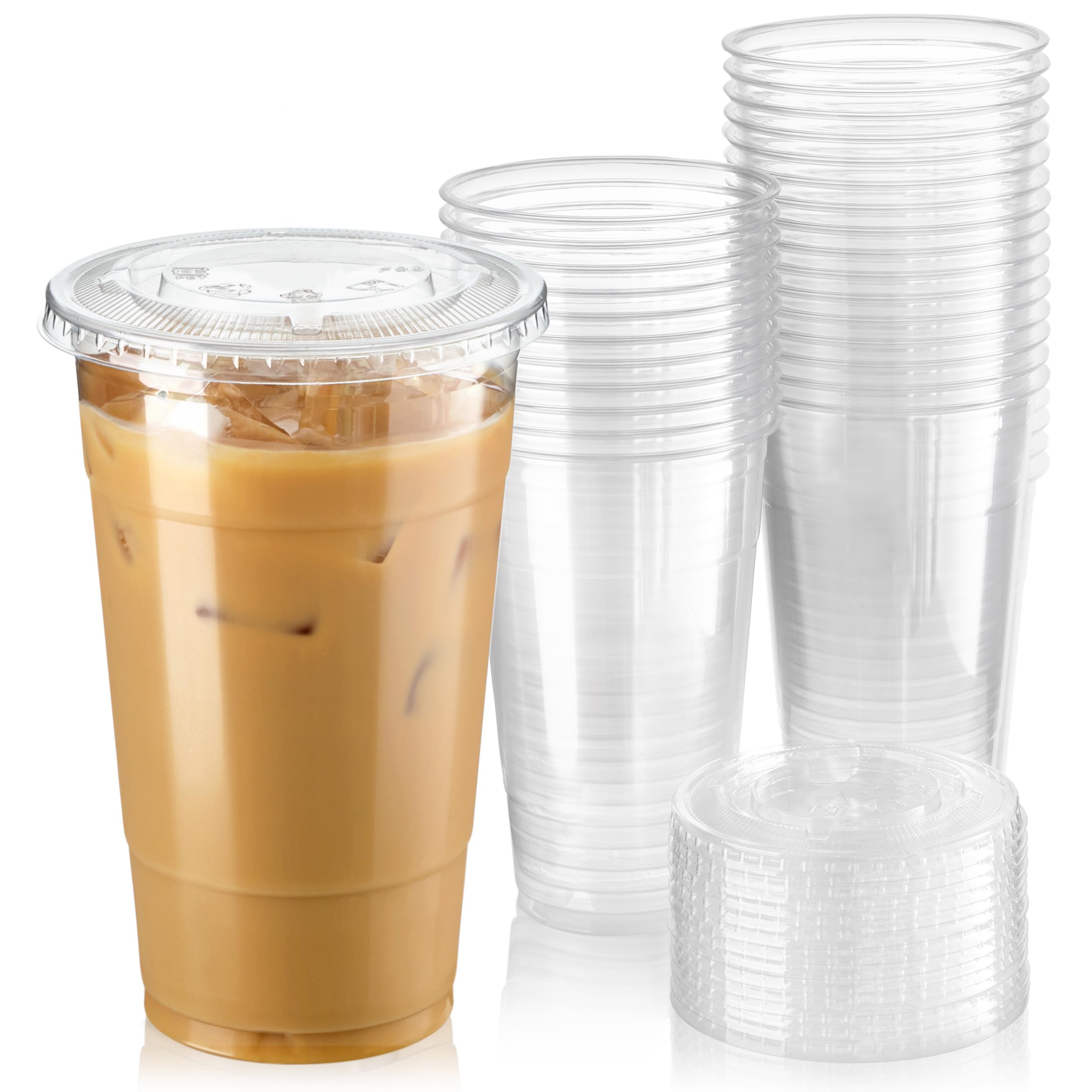 Fit Meal Prep 50 Pack 24 oz Clear Plastic Cups with Flat Lids, Disposable Iced Coffee Cups, BPA Free Premium Crystal Smoothie Cup for Party, Lemonade Stand, Cold Drinks, Juice, Milkshake