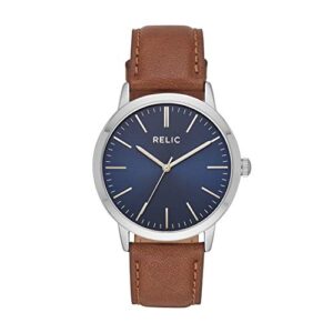 relic by fossil men's jeffrey three-hand silver alloy metal and brown leather band watch (model: zr77298)