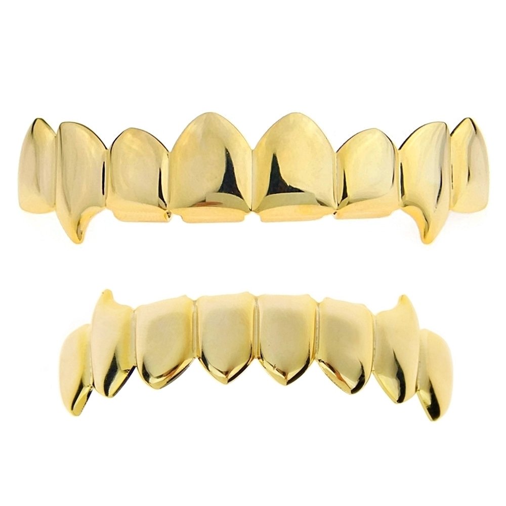 Fang Grillz Set 14k Gold Plated 8 Top Teeth Fangs Eight Bottom Hip Hop Vampire Mouth Grills