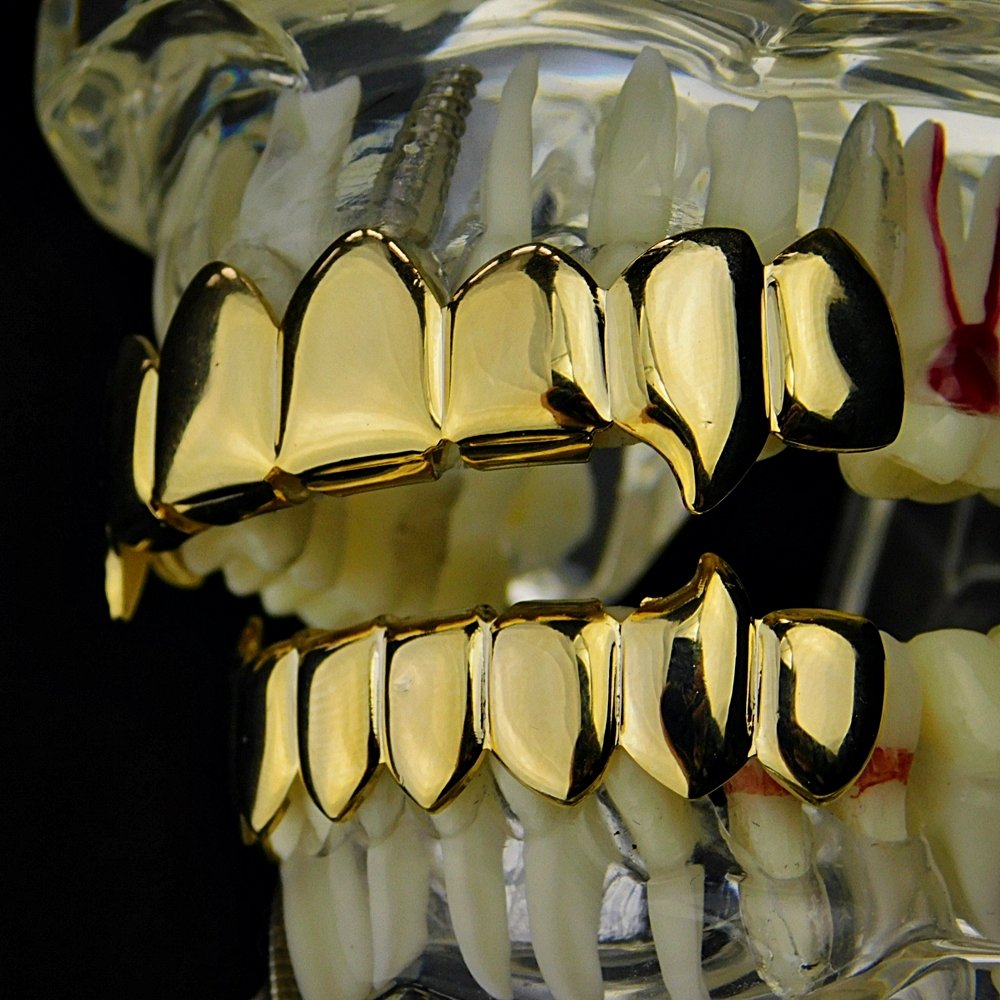 Fang Grillz Set 14k Gold Plated 8 Top Teeth Fangs Eight Bottom Hip Hop Vampire Mouth Grills