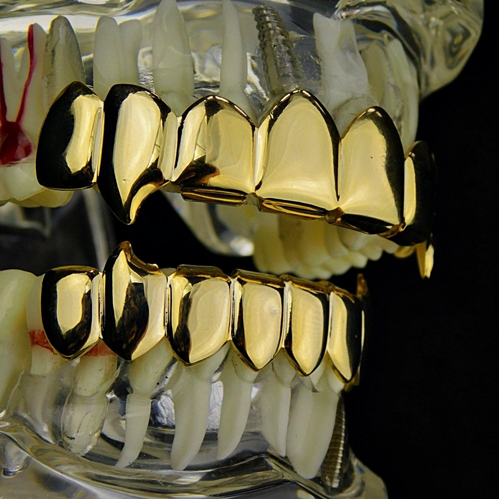 Fang Grillz Set 14k Gold Plated 8 Top Teeth Fangs Eight Bottom Hip Hop Vampire Mouth Grills