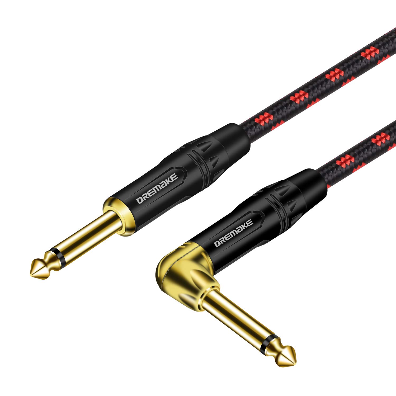 DREMAKE 3 Foot Professional Instrument Cable, Guitar Cable for Speaker Bass Keyboard 1/4" (6.3mm) Straight to Right Angle Inch Cable Black/Red Tweed