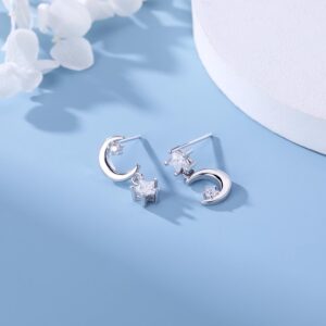 SLUYNZ 925 Sterling Silver CZ Crystal Star Moon Studs Earrings for Women Sparkling Asymmetric Studs Earrings (Star Moon Earrings)