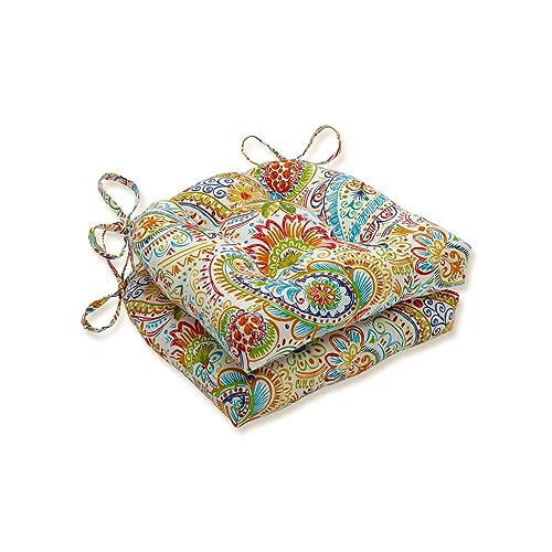 Pillow Perfect Paisley Indoor/Outdoor Chairpad with Ties, Reversible, Tufted, Weather, and Fade Resistant, 15.5" x 16", Blue/Green Gilford, 2 Count