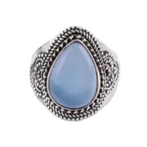 NOVICA Artisan Handmade Chalcedony Cocktail Ring Sterling Silver Blue India [crownbezel 0.7 in L x 0.8 in W x 0.3 in H Band Width 3 mm W] ' Charismatic Blue Charm'