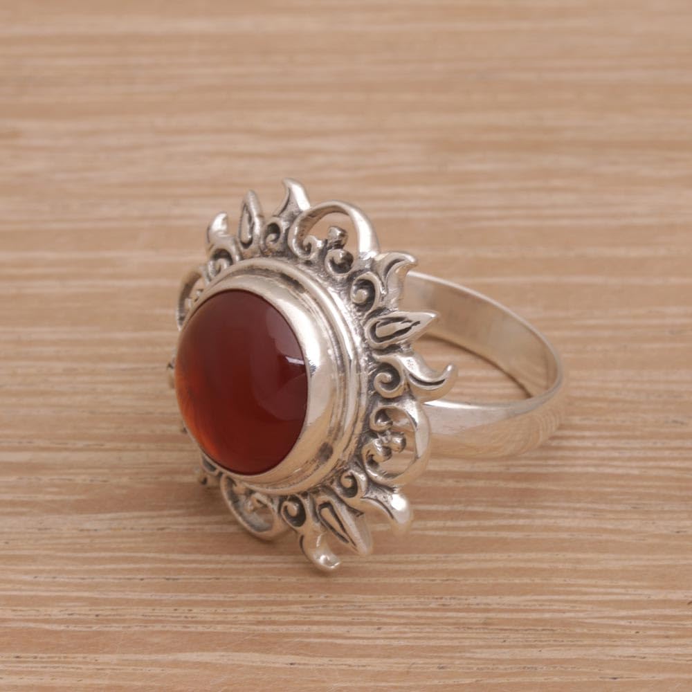 NOVICA Artisan Handmade Carnelian Cocktail Ring Sun Themed Sterling Silver Red Indonesia Birthstone [crownbezel 0.5 in L x 0.5 in W x 0.4 in H Band Width 4 mm W] ' Light of The Universe'