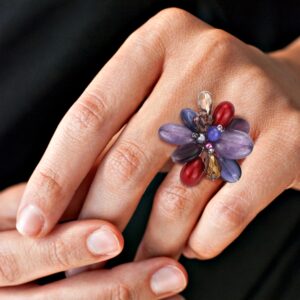 AeraVida Vibrant Purple & Pink Mixed Quartz Stone Cluster or Flower Blossom with Faux Pearls Adjustable Fit Ring for Versatile Fashion with a Vintage Chic Vibe