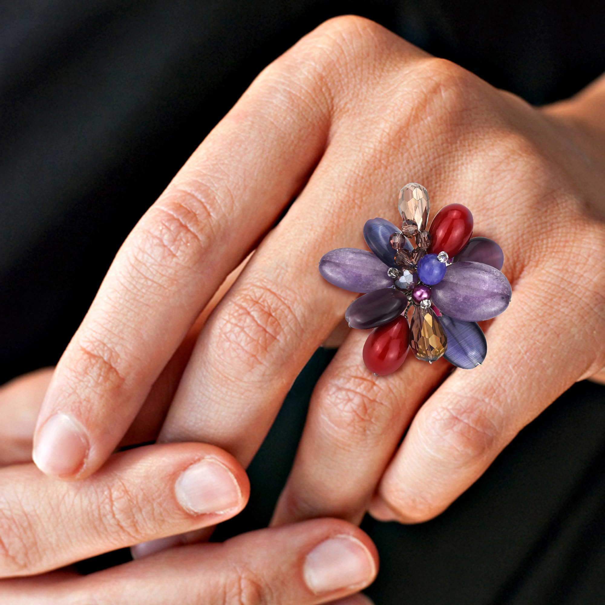 AeraVida Vibrant Purple & Pink Mixed Quartz Stone Cluster or Flower Blossom with Faux Pearls Adjustable Fit Ring for Versatile Fashion with a Vintage Chic Vibe