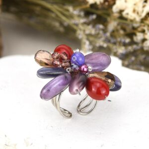 AeraVida Vibrant Purple & Pink Mixed Quartz Stone Cluster or Flower Blossom with Faux Pearls Adjustable Fit Ring for Versatile Fashion with a Vintage Chic Vibe