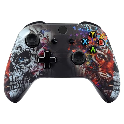 eXtremeRate Tiger Skull Faceplate Cover, Soft Touch Front Housing Shell Case, Comfortable Soft Grip Replacement Kit for Xbox One S & Xbox One X Controller - Controller NOT Included