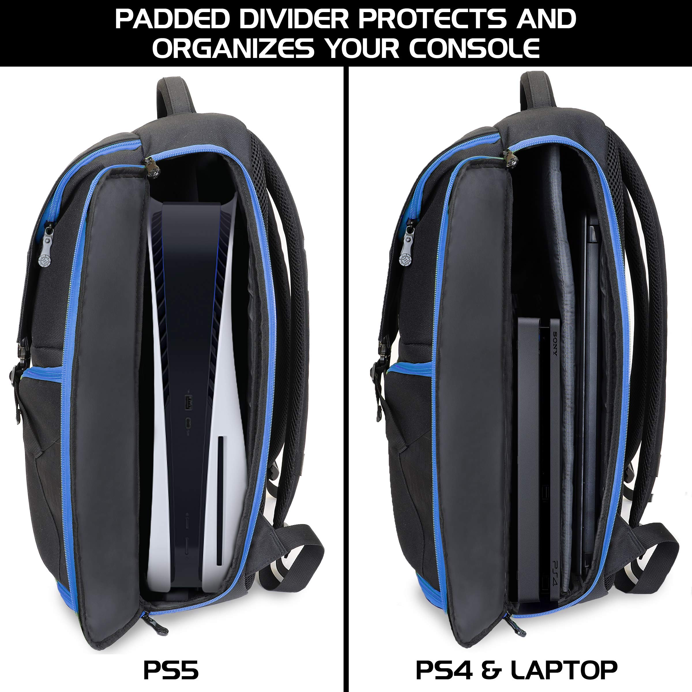 ENHANCE PS5 Backpack and Storage Case - Compatible with PS5 , PS4 Pro & PS4 - Gear Arsenal Storage Compartments , Gaming Console Backpack for Controllers , Headsets , Games & Accessories - Blue