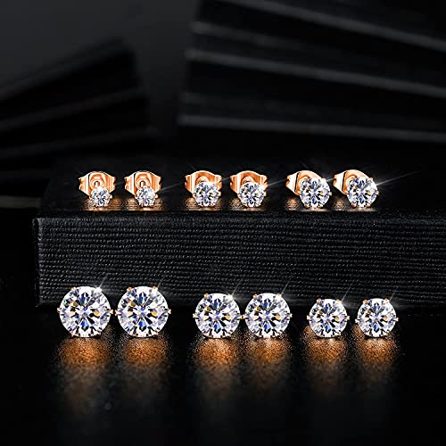 MDFUN 18K Rose Gold Plated Round Clear Cubic Zirconia Stud Earring Pack of 6 Pairs (6 Pairs)