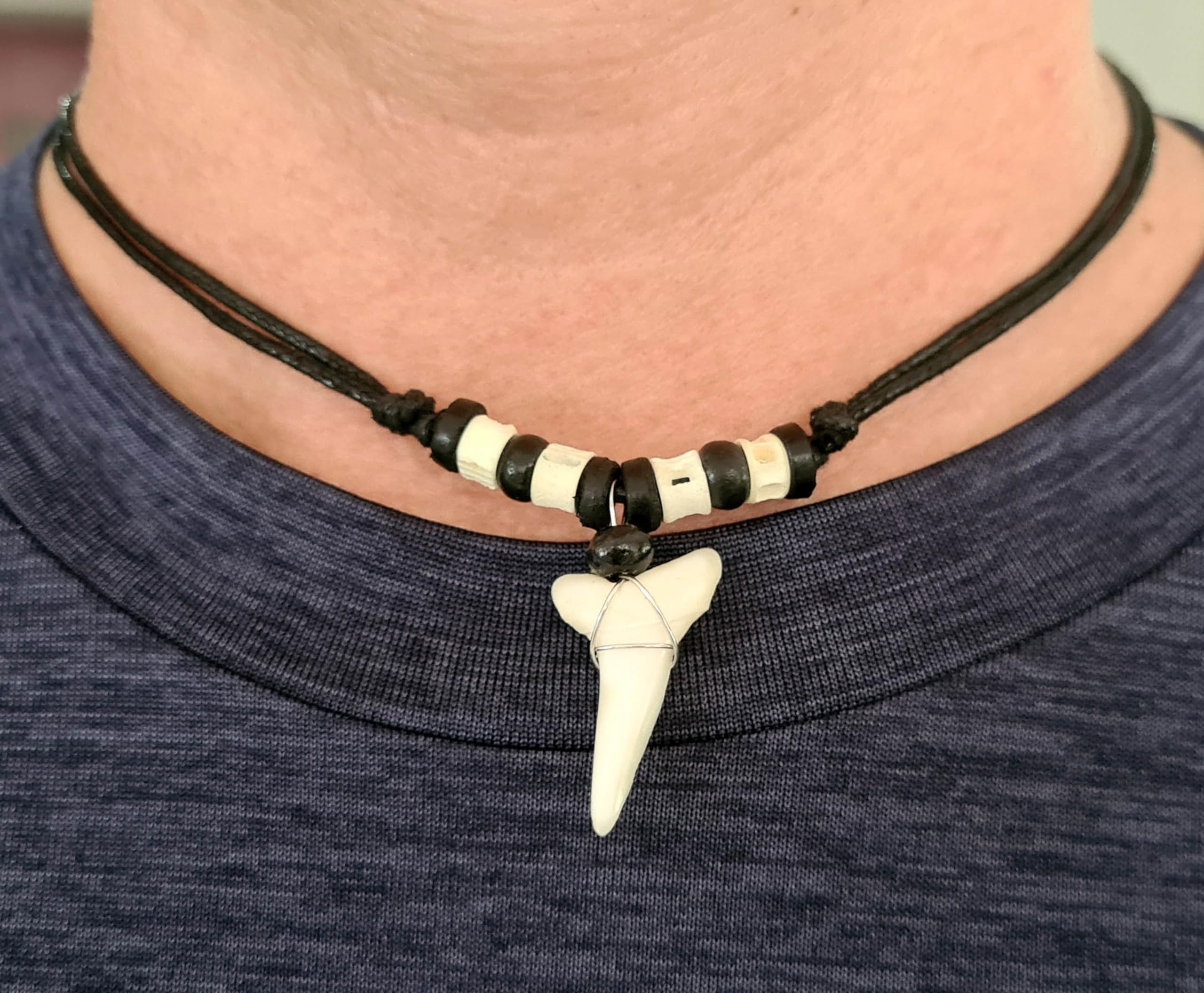 Swimmi Genuine Shark Tooth Necklace for Men, Mako Shark Tooth Necklace, Handmade Wooden Beads adjustable Cords Shark Tooth Necklace for Women Jewelry EA200